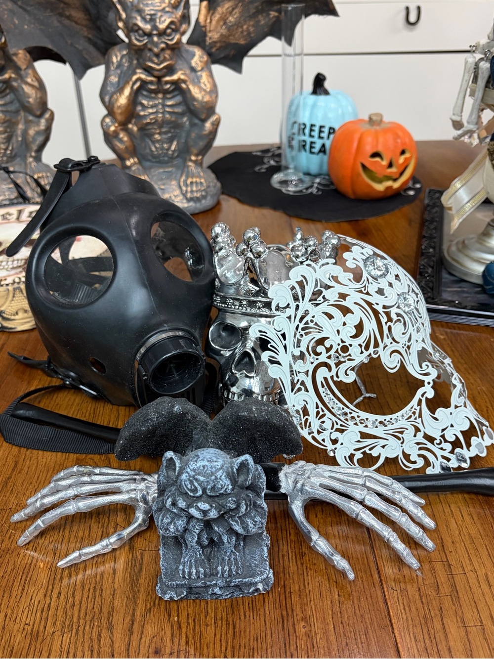 5 Pc Halloween Costume Decor Bundle Gas Mask Skull Gargoyle Skeleton Salad Hands